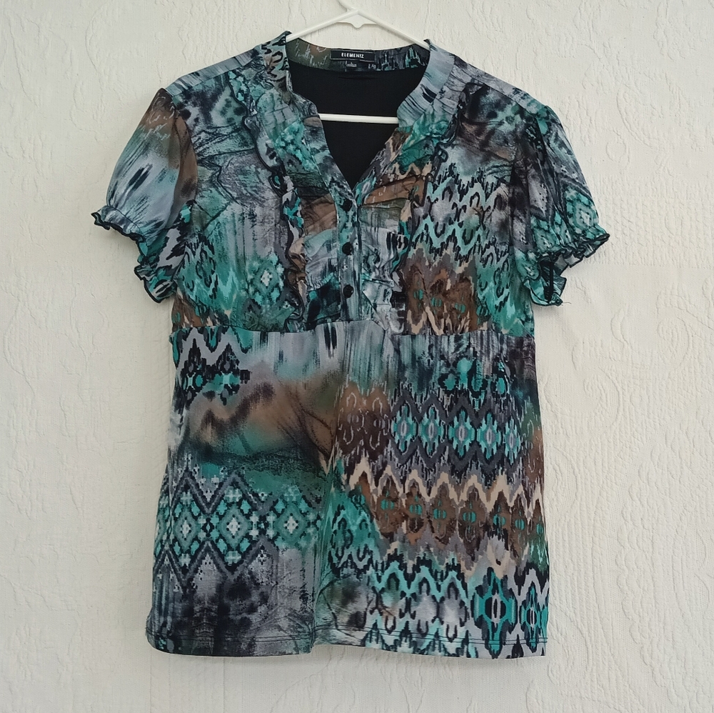 Elementz Cute Turquoise Blouse Ruffle Flowy Button Down Cap Sleeves Western Boho - Picture 11 of 11